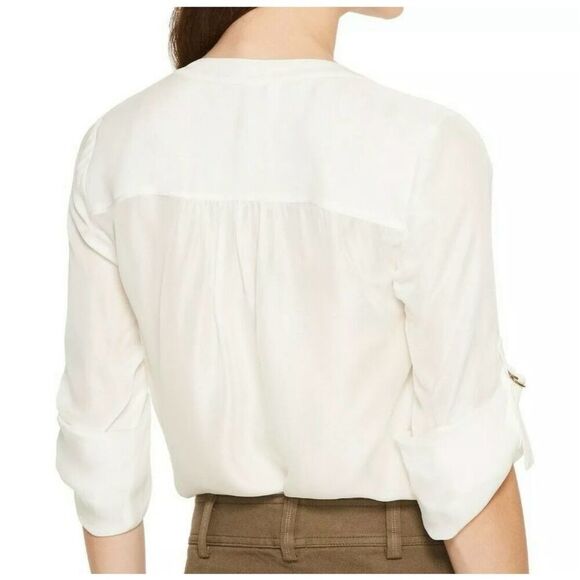 TRINA TURK Top Womens L Jemison Collarless Roll-Tab Sleeve‎ Henley Blouse Ivory - Picture 1 of 11